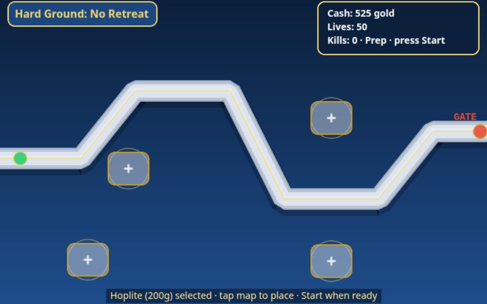 Hard Ground: No Retreat gameplay: towers beside a winding lane, enemies marching toward the gate